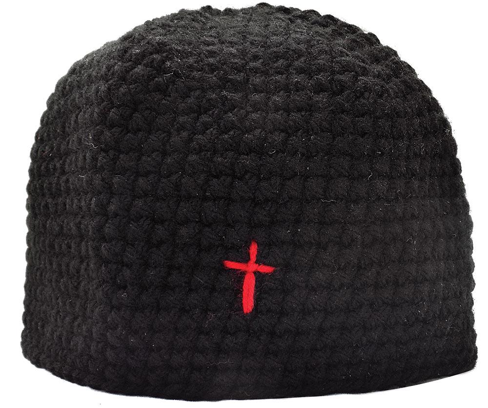 Greek Orthodox Skufia Hat • Hand-Knitted Wool • Black Clergy Monk Laymen Cap • Red Cross Variation • One Size • Monastery Headwear