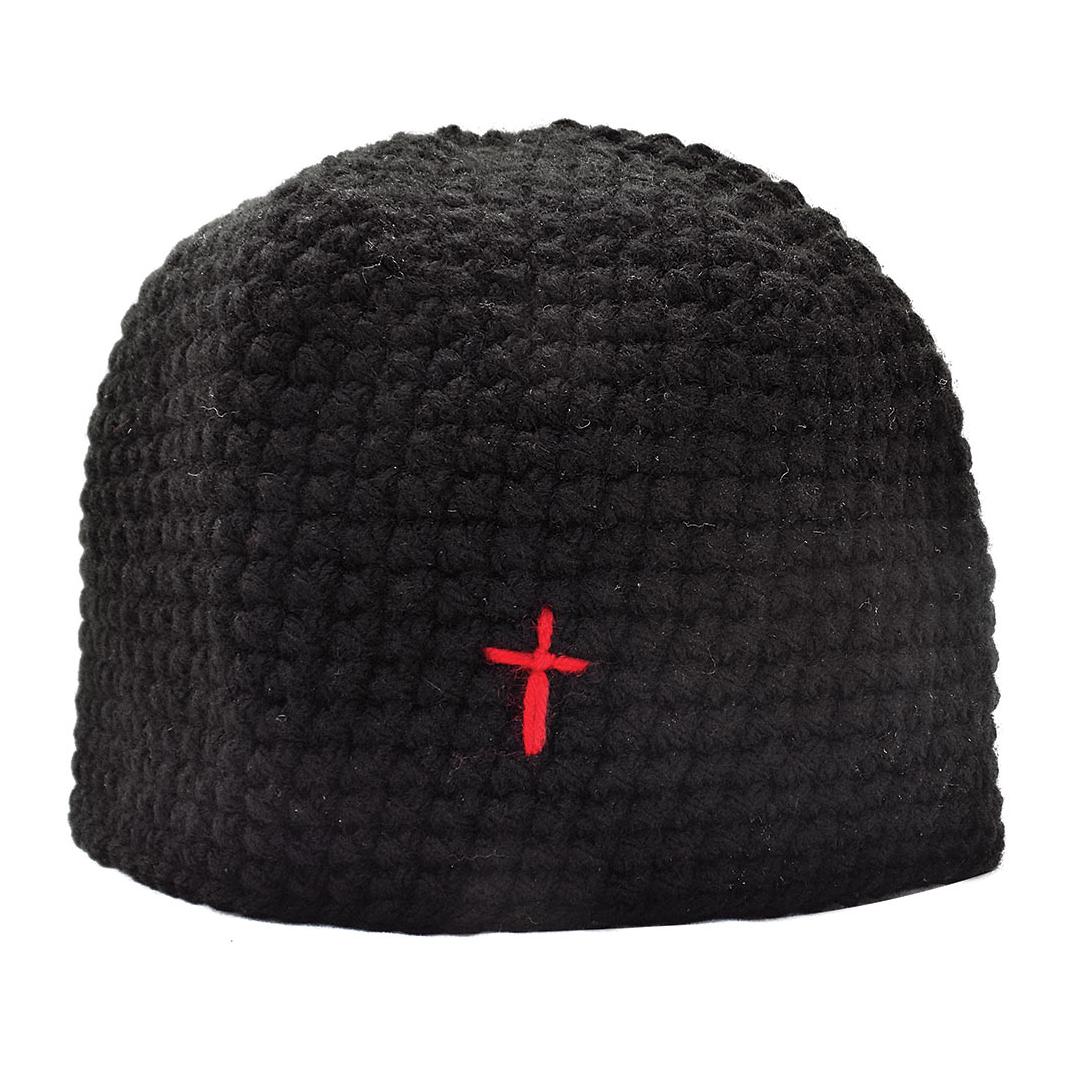Greek Orthodox Skufia Hat • Hand-Knitted Wool • Black Clergy Monk Laymen Cap • Red Cross Variation • One Size • Monastery Headwear