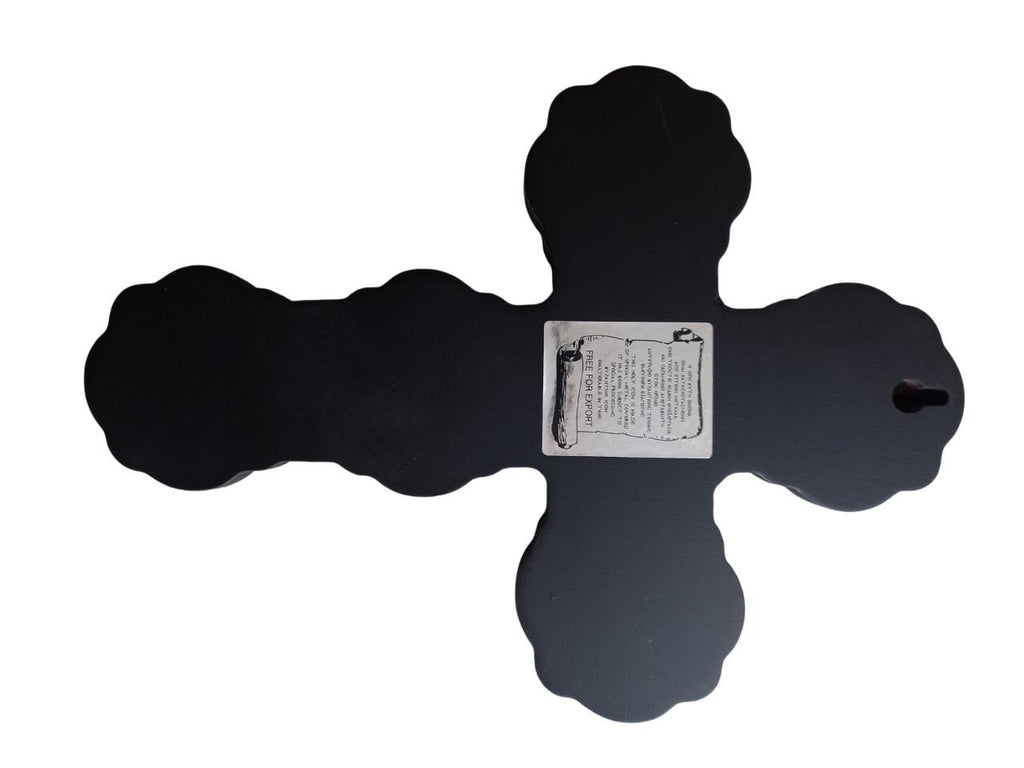 Byzantine Greek Orthodox Wall Cross MDF Metal 20x26.5cm Black Wood, Silver & Gold Floral Crucifix, Trilobe Style with Evangelist Icons