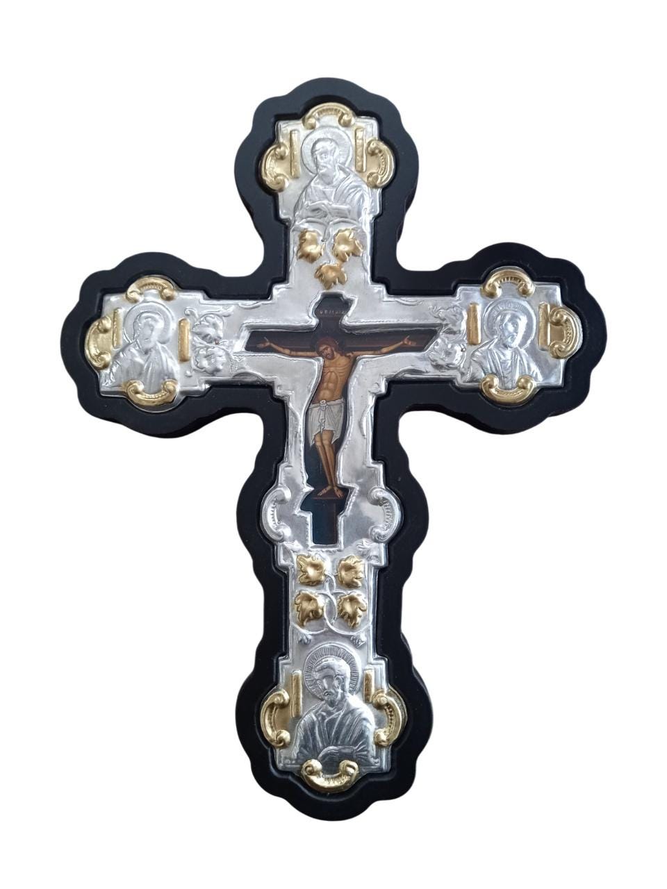Byzantine Greek Orthodox Wall Cross MDF Metal 20x26.5cm Black Wood, Silver & Gold Floral Crucifix, Trilobe Style with Evangelist Icons