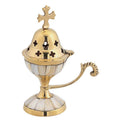 5 3/4” Brass Incense Burner Mother of Pearl Inlay Design Cross Frankincense Mount Athos Incense Holder Greek Orthodox Engraved Metal Censer