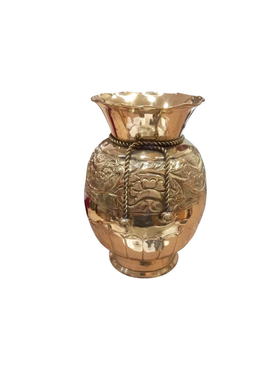 Vintage 1970s Greek Brass Vase Handmade Engraved Floral Design Decorative Patina Rope Neck