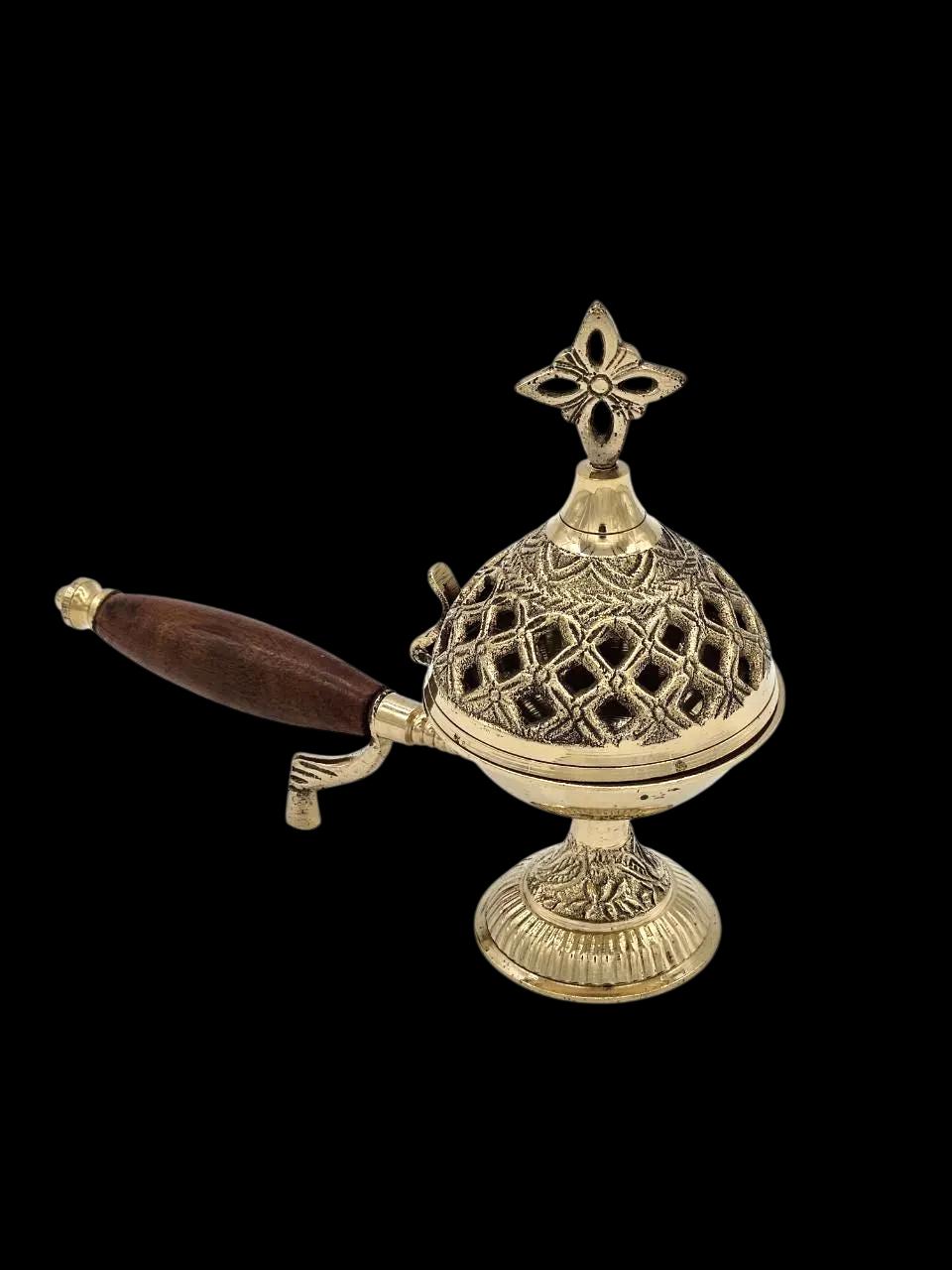 Greek Orthodox Brass Censer with Wooden Handle Byzantine Incense Burner Holder Stand Alone Church or Home Unique Religious Artwork