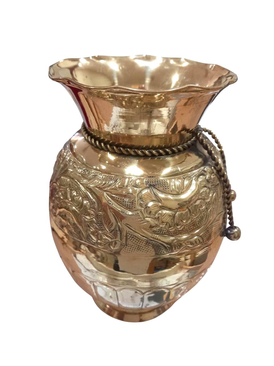 Vintage 1970s Greek Brass Vase Handmade Engraved Floral Design Decorative Patina Rope Neck