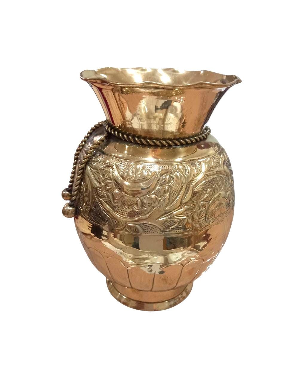 Vintage 1970s Greek Brass Vase Handmade Engraved Floral Design Decorative Patina Rope Neck