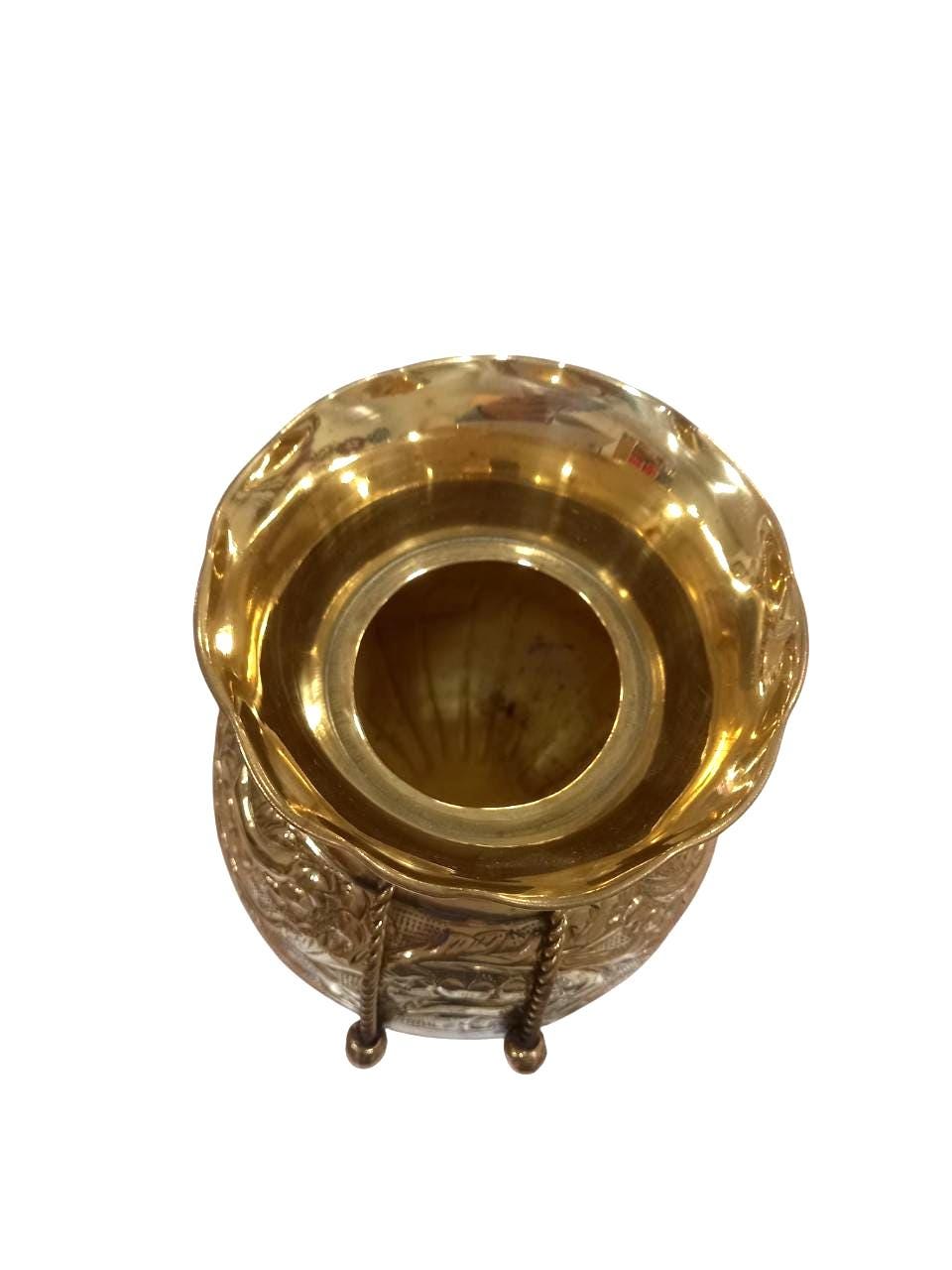 Vintage 1970s Greek Brass Vase Handmade Engraved Floral Design Decorative Patina Rope Neck