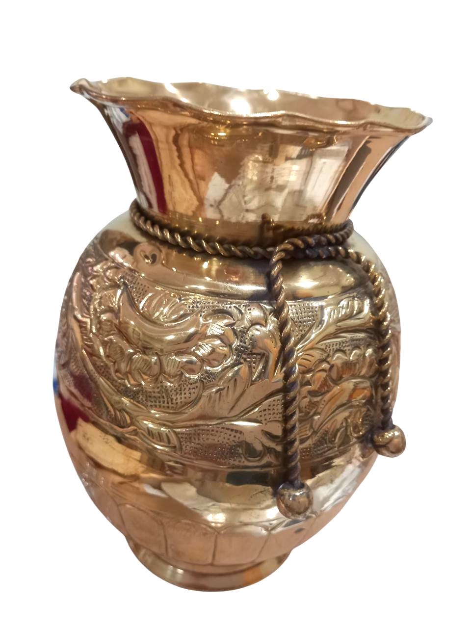 Vintage 1970s Greek Brass Vase Handmade Engraved Floral Design Decorative Patina Rope Neck
