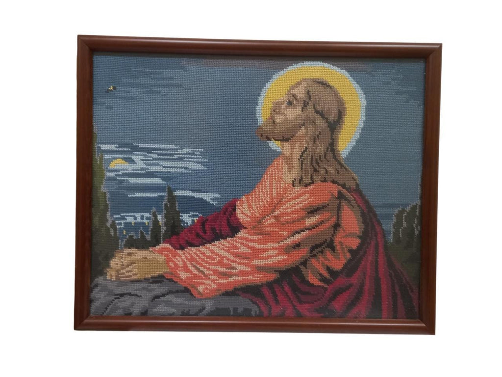 Knitted Icon of Jesus Praying in Gethsemane and Crucifixion Framed Christian Wall Art with Glass