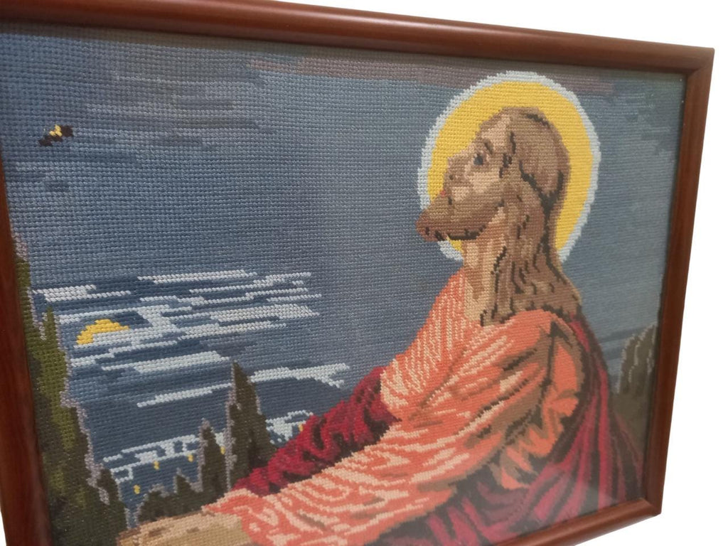 Knitted Icon of Jesus Praying in Gethsemane and Crucifixion Framed Christian Wall Art with Glass