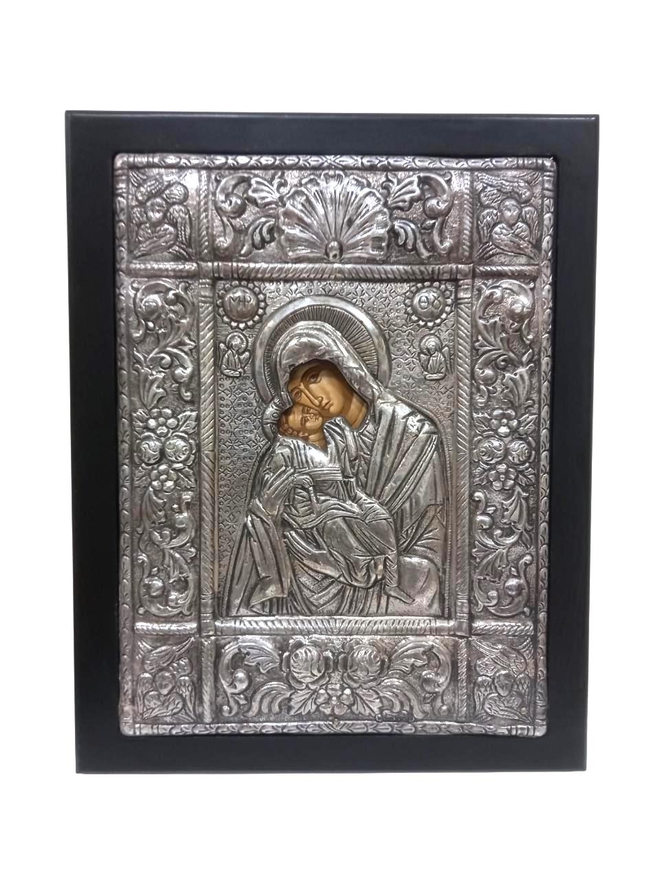 Vintage Greek Orthodox Silver 950 Icon Theotokos with Child Byzantine Hagiography Angels Seraphim