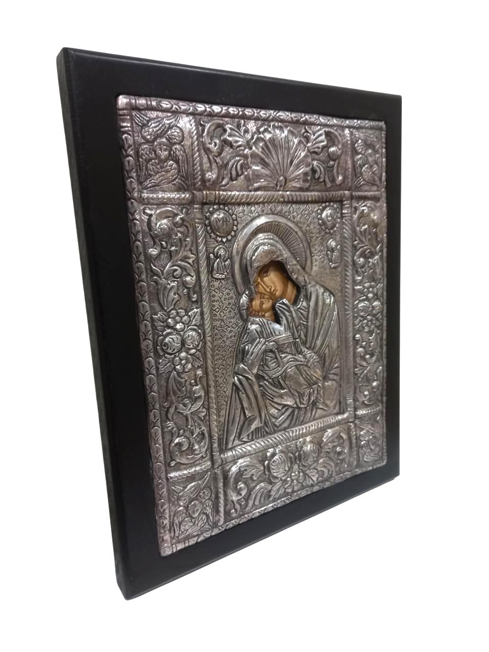 Vintage Greek Orthodox Silver 950 Icon Theotokos with Child Byzantine Hagiography Angels Seraphim