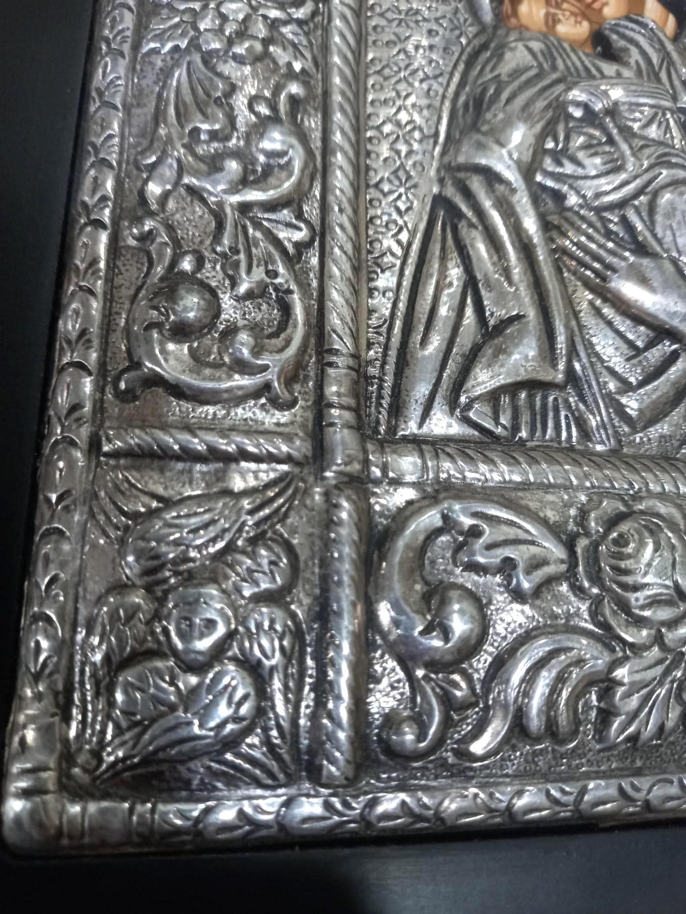 Vintage Greek Orthodox Silver 950 Icon Theotokos with Child Byzantine Hagiography Angels Seraphim
