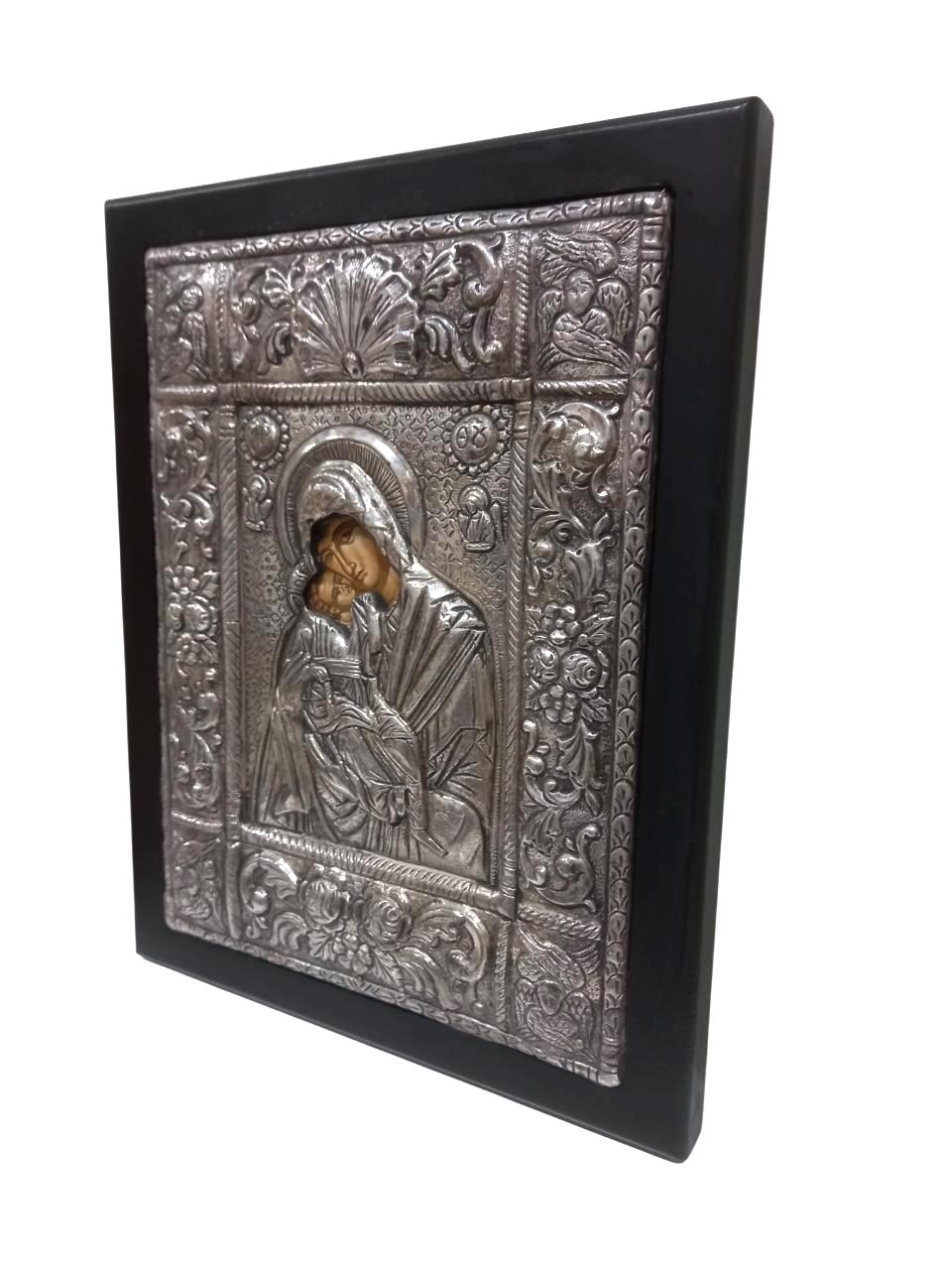 Vintage Greek Orthodox Silver 950 Icon Theotokos with Child Byzantine Hagiography Angels Seraphim
