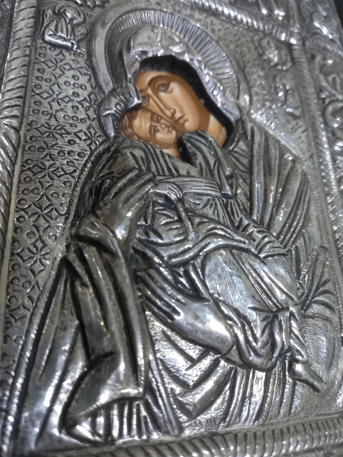 Vintage Greek Orthodox Silver 950 Icon Theotokos with Child Byzantine Hagiography Angels Seraphim