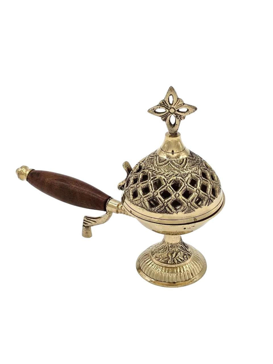 Greek Orthodox Brass Censer with Wooden Handle Byzantine Incense Burner Holder Stand Alone Church or Home Unique Religious Artwork