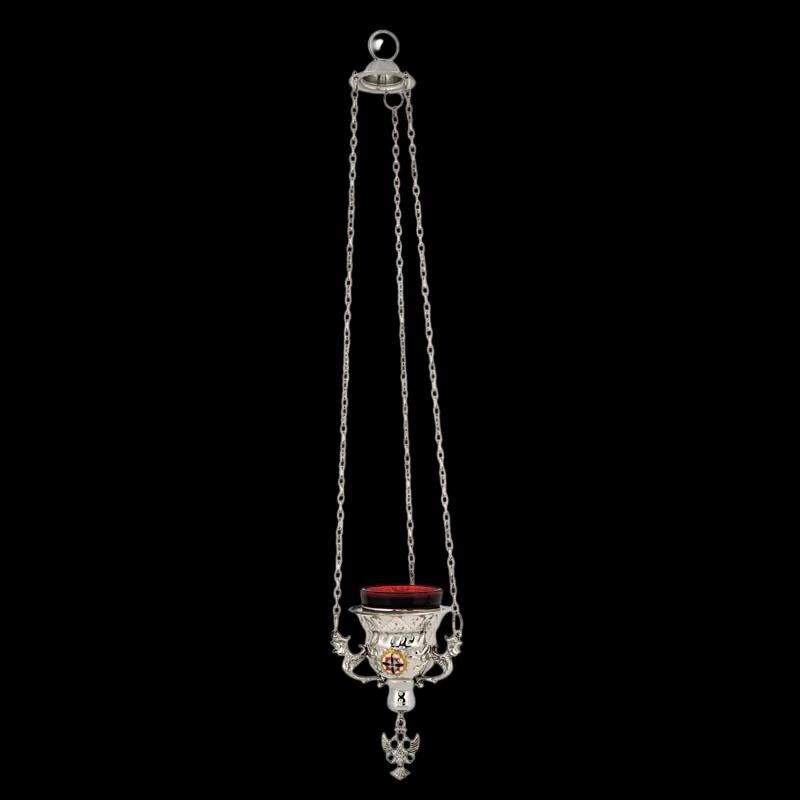 Hanging Vigil Lamp • Byzantine Oil Lamp with Enamel • Church Home Prayer Corner • Engraved Brass • Chains & Glass Included