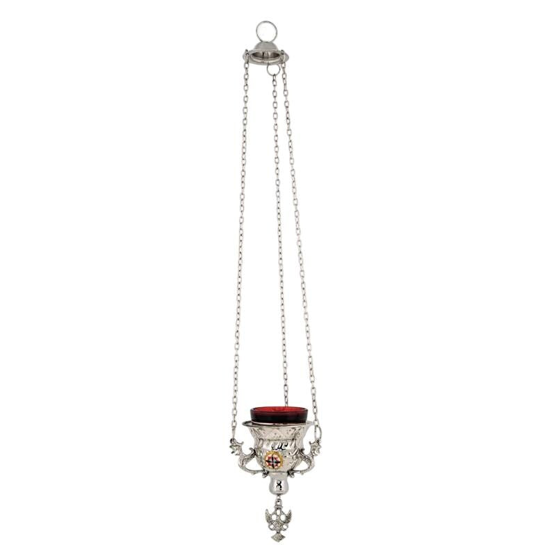 Hanging Vigil Lamp • Byzantine Oil Lamp with Enamel • Church Home Prayer Corner • Engraved Brass • Chains & Glass Included