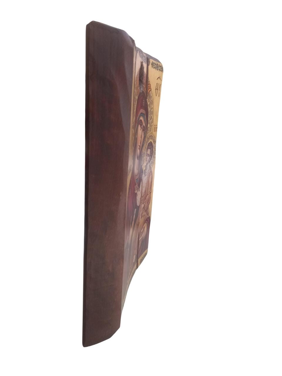 Olive Wood Byzantine Icon Panagia Prousiotissa 32x24cm Greek Orthodox Theotokos Baby Jesus Gold Silkscreen Religious Wall Art