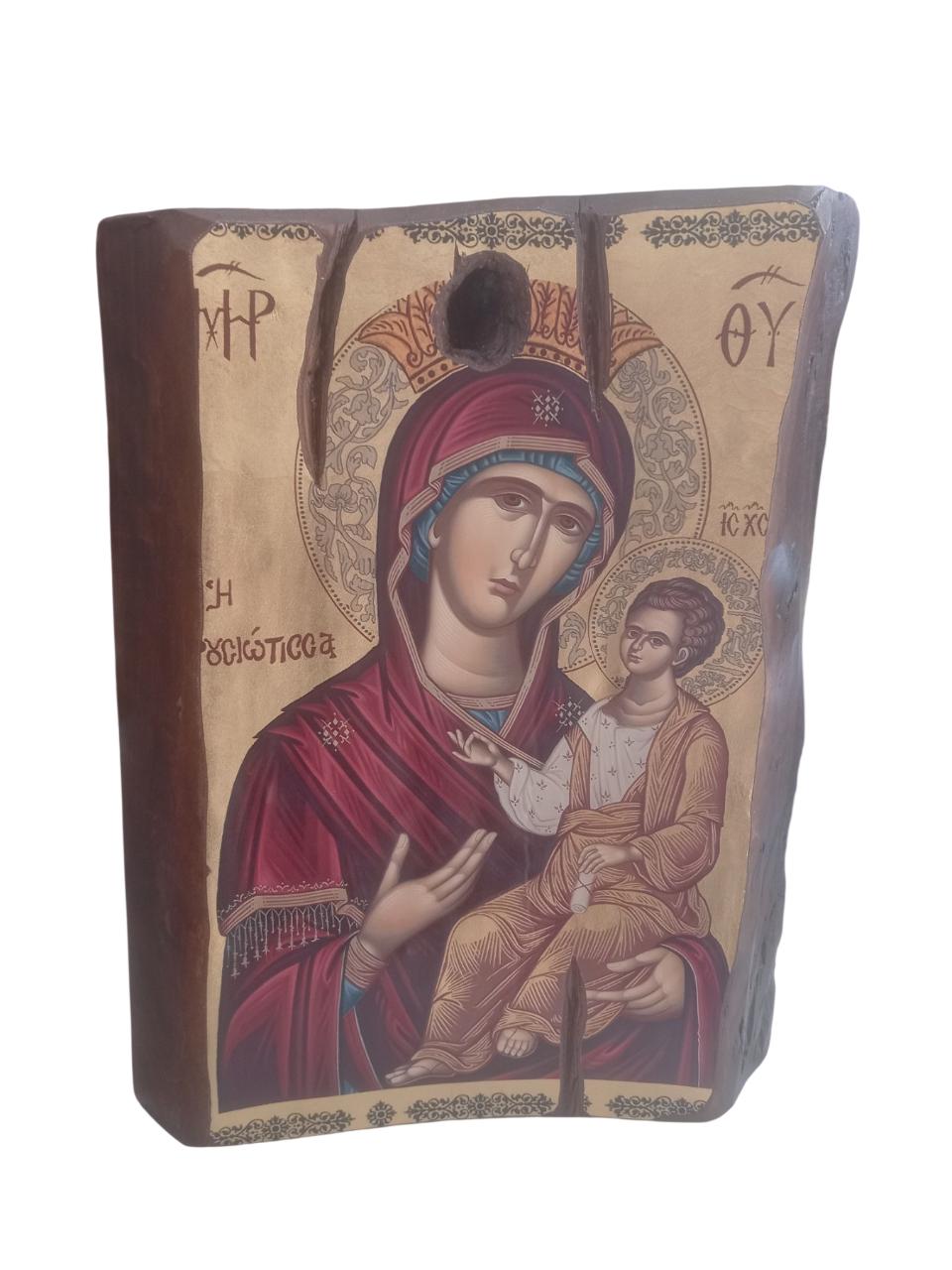 Olive Wood Byzantine Icon Panagia Prousiotissa 32x24cm Greek Orthodox Theotokos Baby Jesus Gold Silkscreen Religious Wall Art