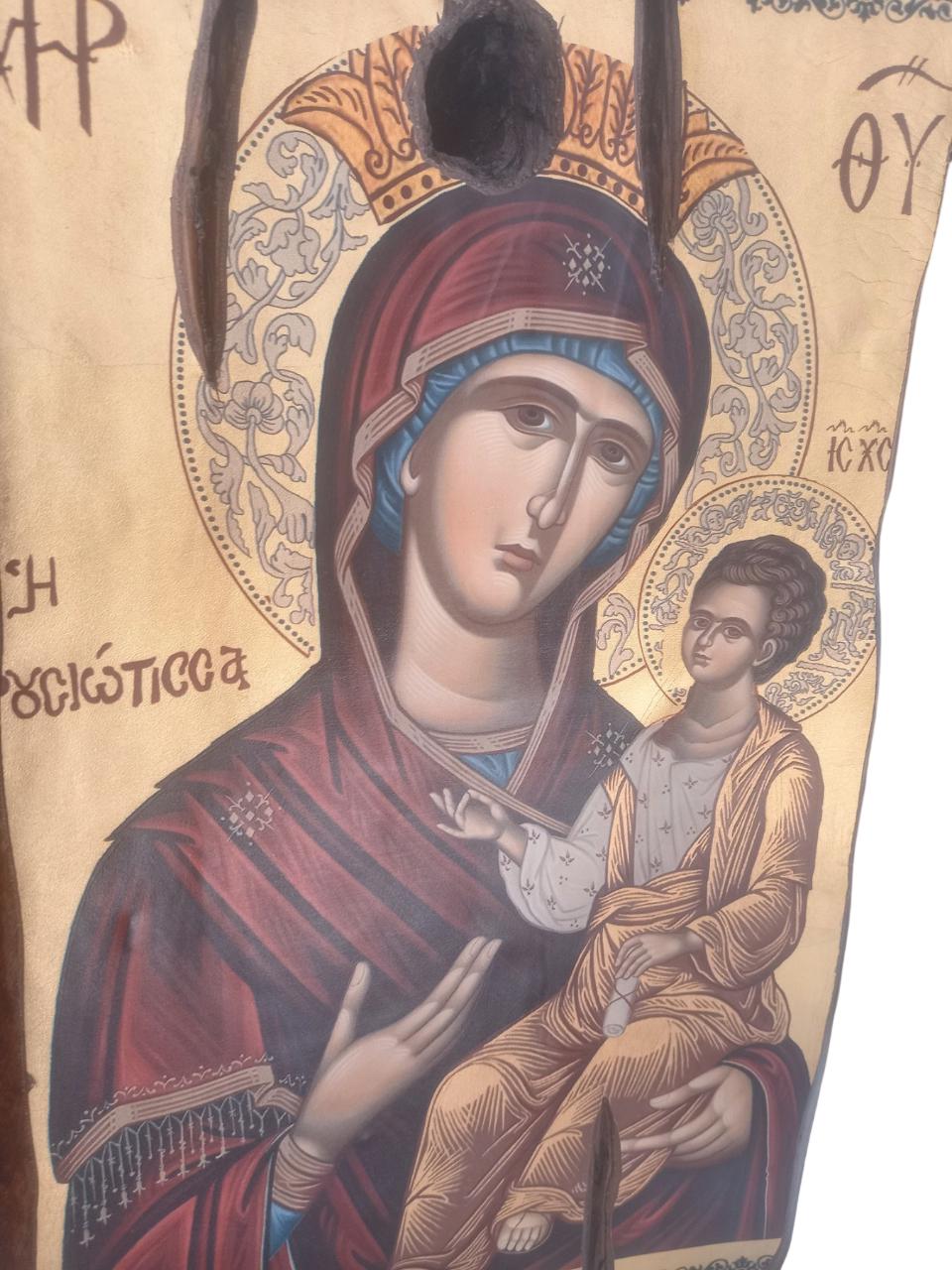 Olive Wood Byzantine Icon Panagia Prousiotissa 32x24cm Greek Orthodox Theotokos Baby Jesus Gold Silkscreen Religious Wall Art