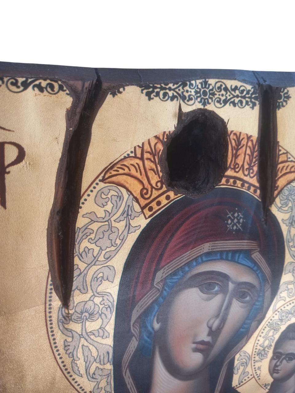 Olive Wood Byzantine Icon Panagia Prousiotissa 32x24cm Greek Orthodox Theotokos Baby Jesus Gold Silkscreen Religious Wall Art