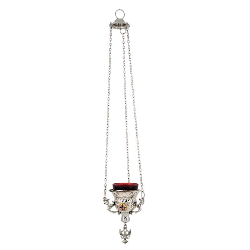 Hanging Vigil Lamp • Byzantine Oil Lamp with Enamel • Church Home Prayer Corner • Engraved Brass • Chains & Glass Included