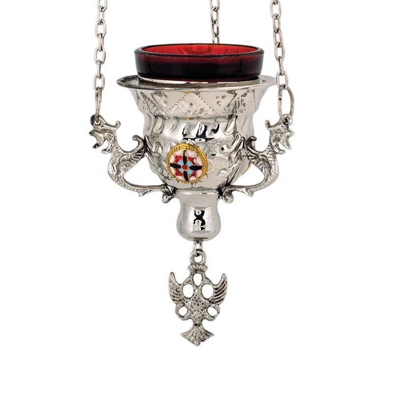 Hanging Vigil Lamp • Byzantine Oil Lamp with Enamel • Church Home Prayer Corner • Engraved Brass • Chains & Glass Included