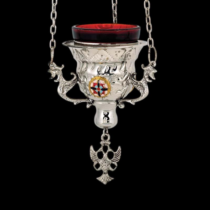 Hanging Vigil Lamp • Byzantine Oil Lamp with Enamel • Church Home Prayer Corner • Engraved Brass • Chains & Glass Included