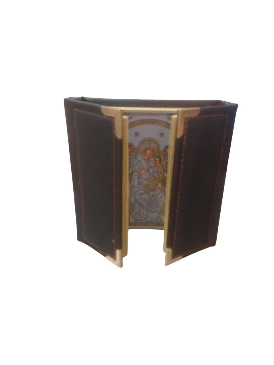 Greek Orthodox Triptych Icon Theotokos Most Queen of All Pantanassa on Golden Throne Jesus Christ Archagels Michael Gabriel with Leather