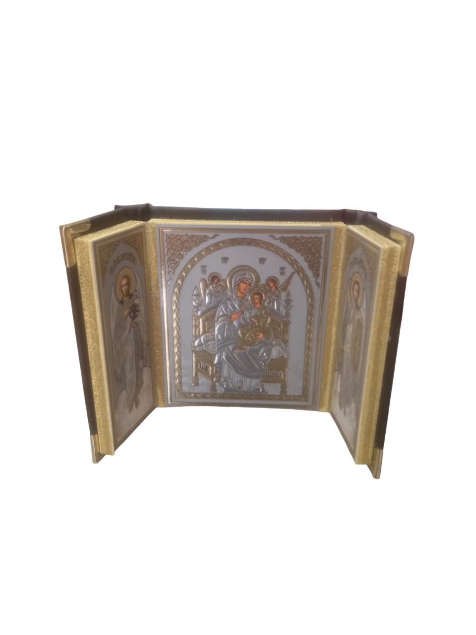 Greek Orthodox Triptych Icon Theotokos Most Queen of All Pantanassa on Golden Throne Jesus Christ Archagels Michael Gabriel with Leather