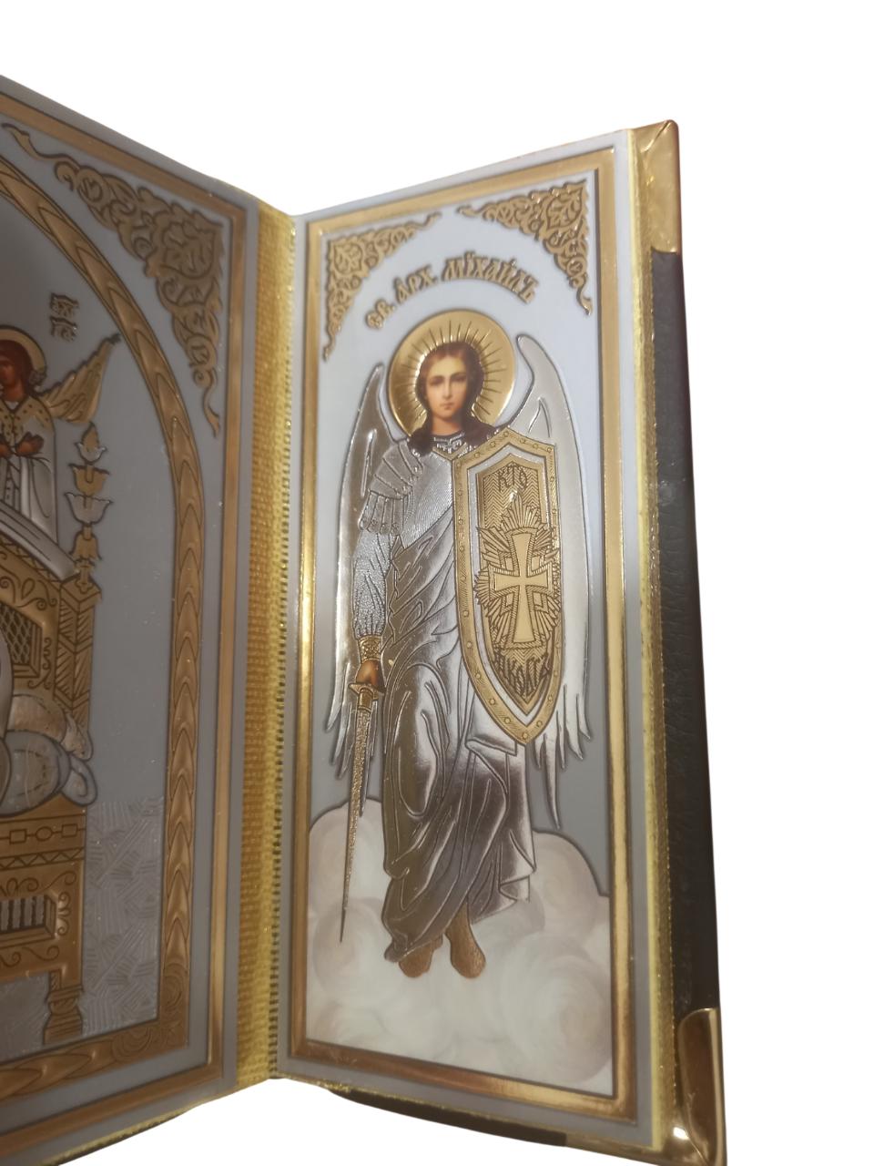 Greek Orthodox Triptych Icon Theotokos Most Queen of All Pantanassa on Golden Throne Jesus Christ Archagels Michael Gabriel with Leather