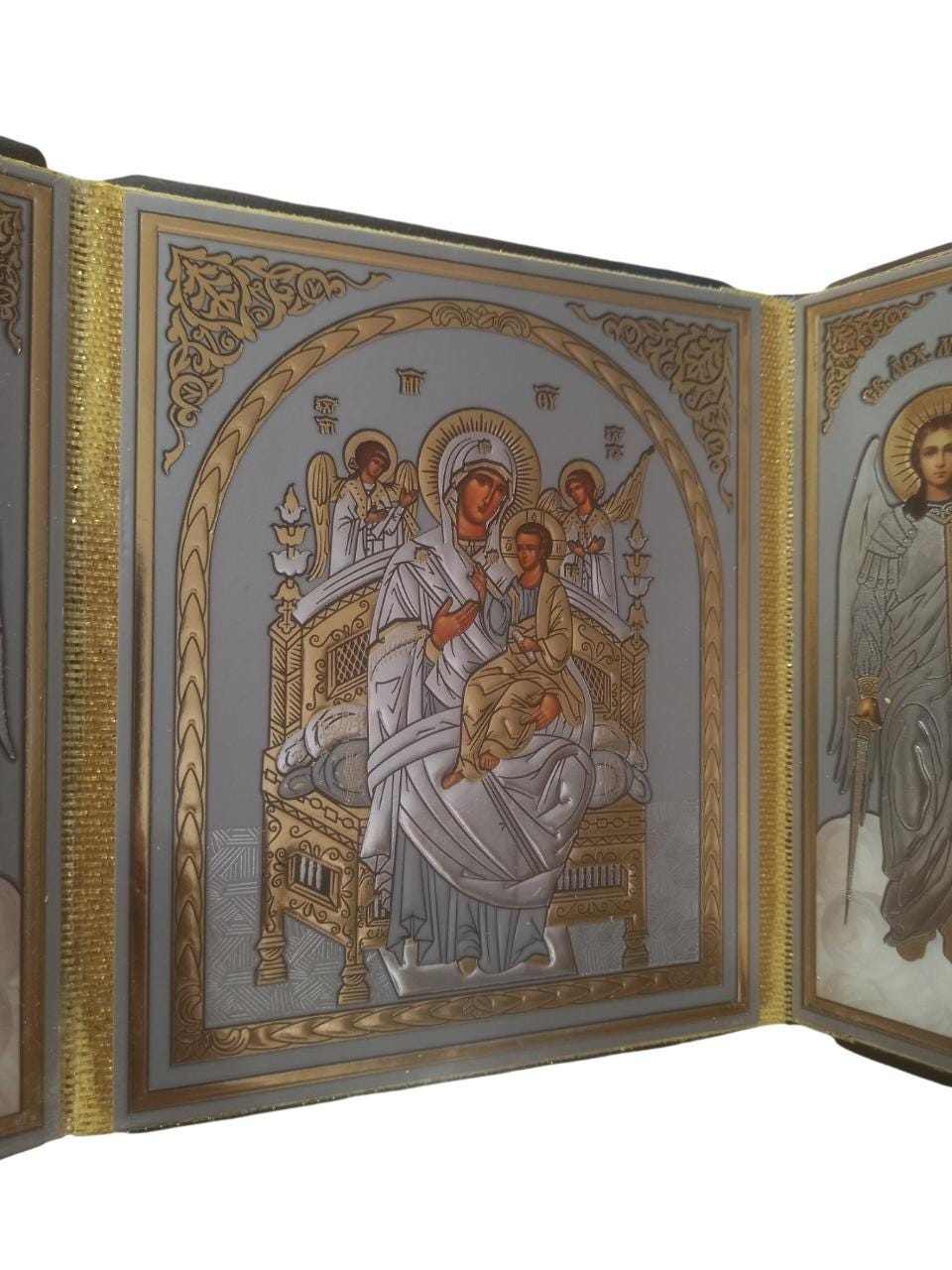 Greek Orthodox Triptych Icon Theotokos Most Queen of All Pantanassa on Golden Throne Jesus Christ Archagels Michael Gabriel with Leather
