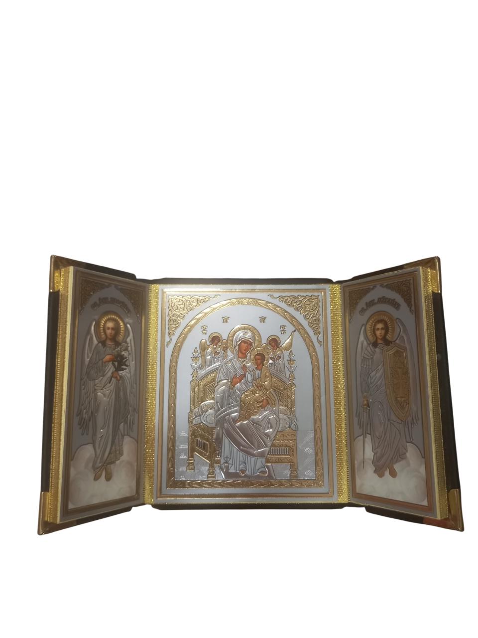 Greek Orthodox Triptych Icon Theotokos Most Queen of All Pantanassa on Golden Throne Jesus Christ Archagels Michael Gabriel with Leather