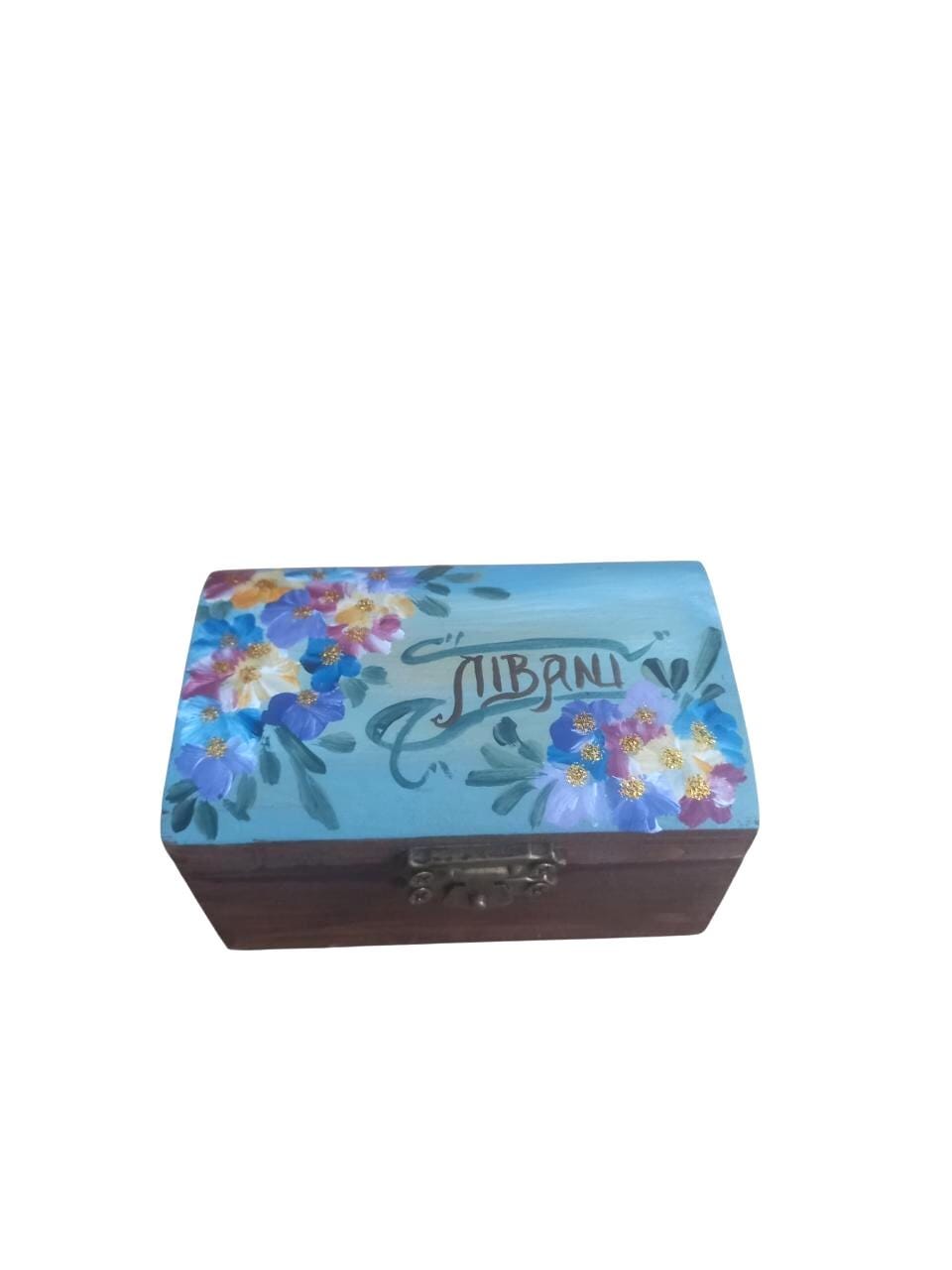 Handpainted Wooden Incense Box Blue Floral Greek Orthodox Unique Gift