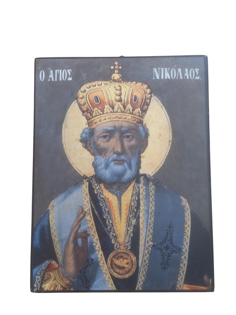 Saint Nicholas Icon Greek Orthodox Wall Art Lithography MDF Wood Handmade Greece