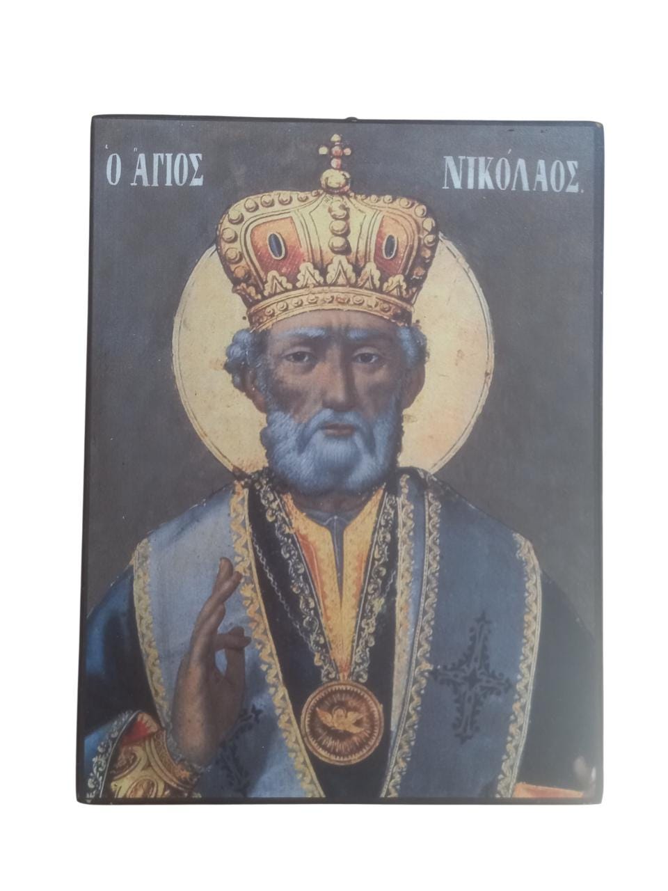 Saint Nicholas Icon Greek Orthodox Wall Art Lithography MDF Wood Handmade Greece