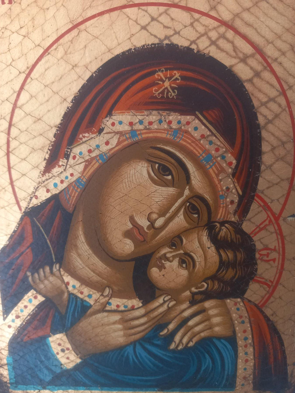 Theotokos Virgin Mary Icon Kissing Baby Jesus Byzantine Egg Tempera Gold Wood