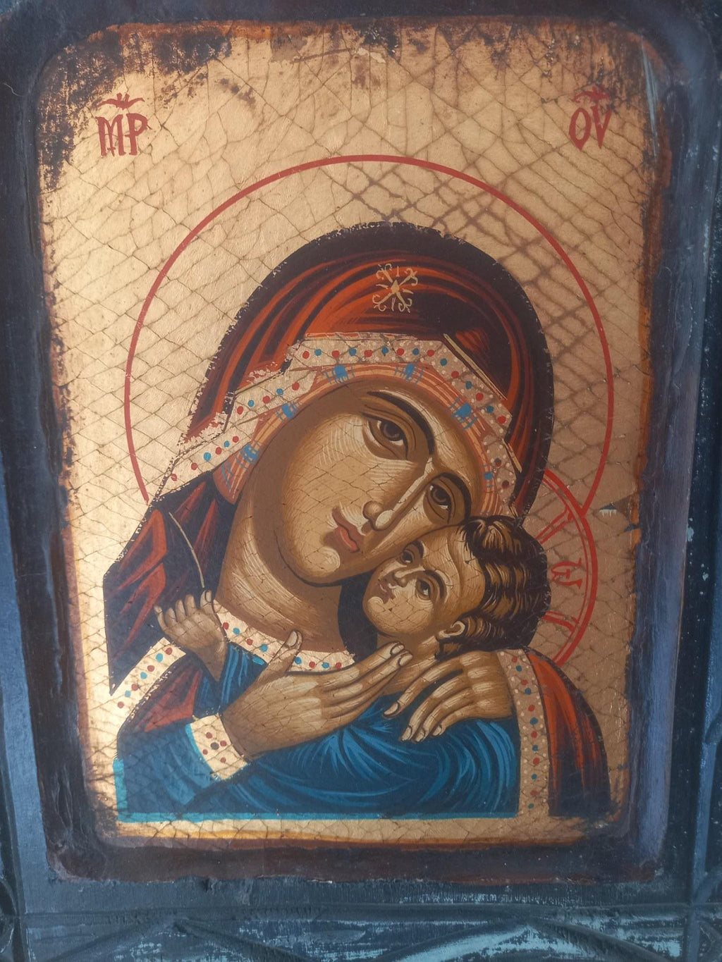 Theotokos Virgin Mary Icon Kissing Baby Jesus Byzantine Egg Tempera Gold Wood