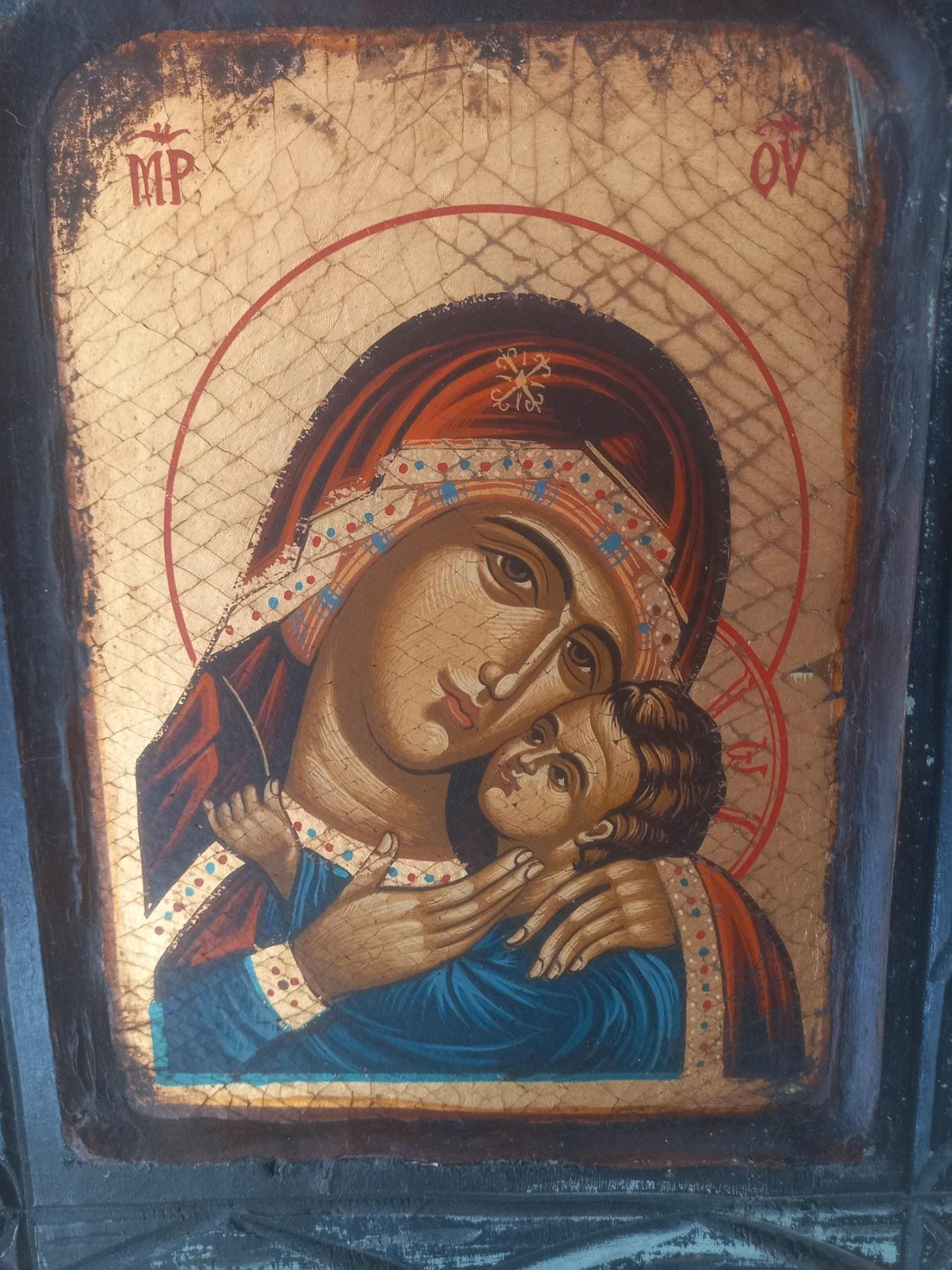 Theotokos Virgin Mary Icon Kissing Baby Jesus Byzantine Egg Tempera Gold Wood