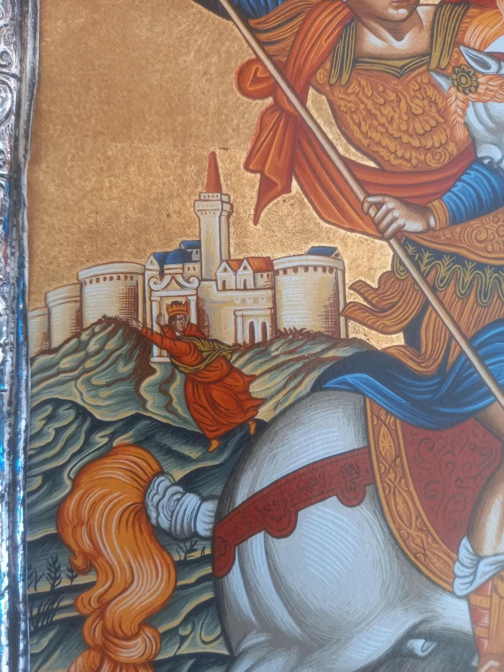 Old Saint George Icon Silver 950 Frame Dragon Greek Orthodox Wall Art Gold Sheets Background