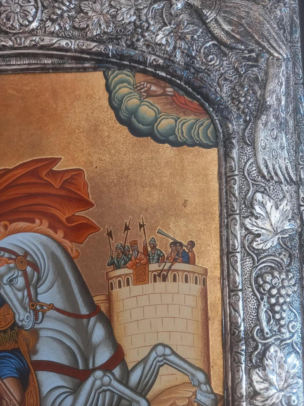 Old Saint George Icon Silver 950 Frame Dragon Greek Orthodox Wall Art Gold Sheets Background