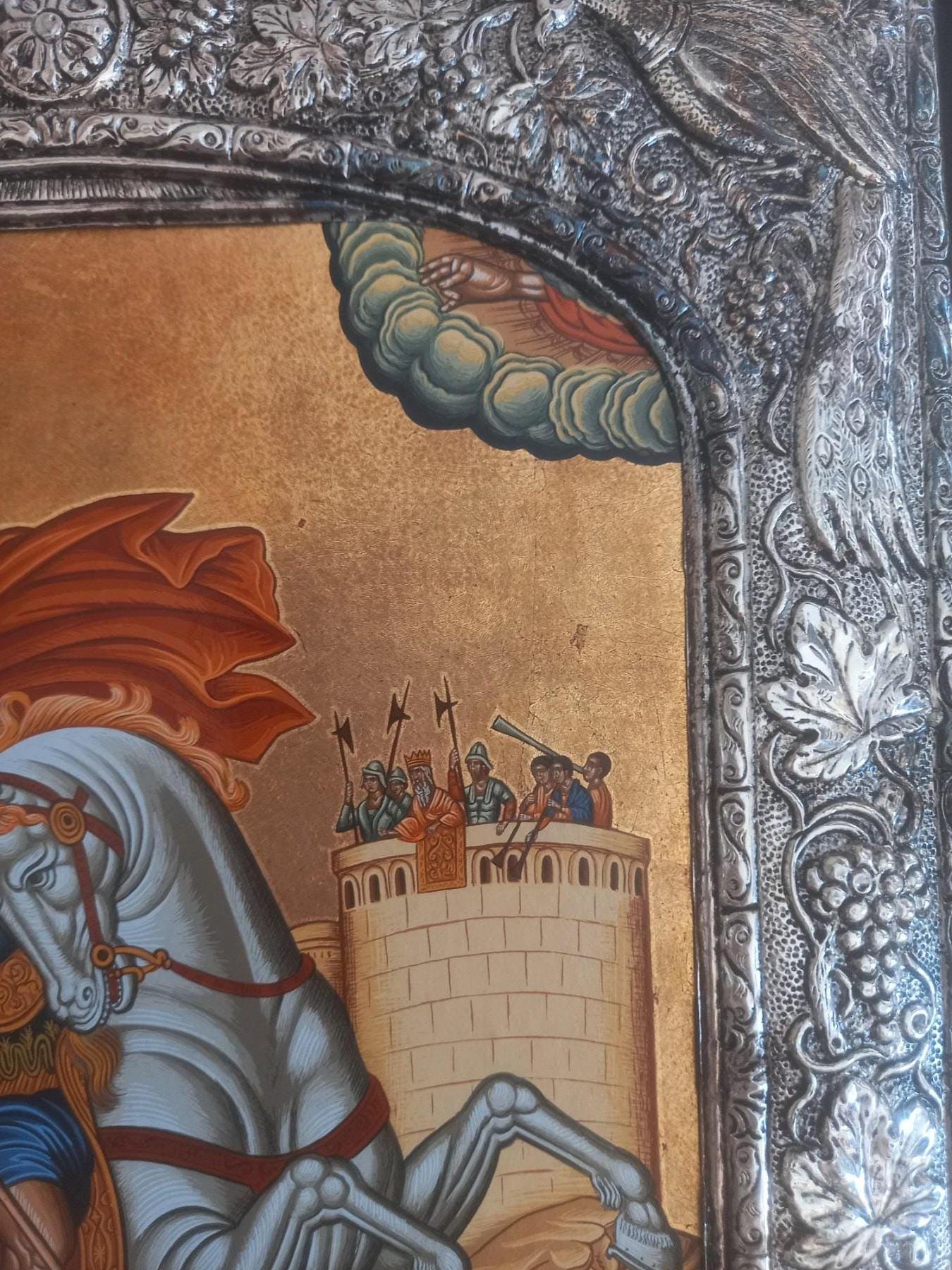 Old Saint George Icon Silver 950 Frame Dragon Greek Orthodox Wall Art Gold Sheets Background