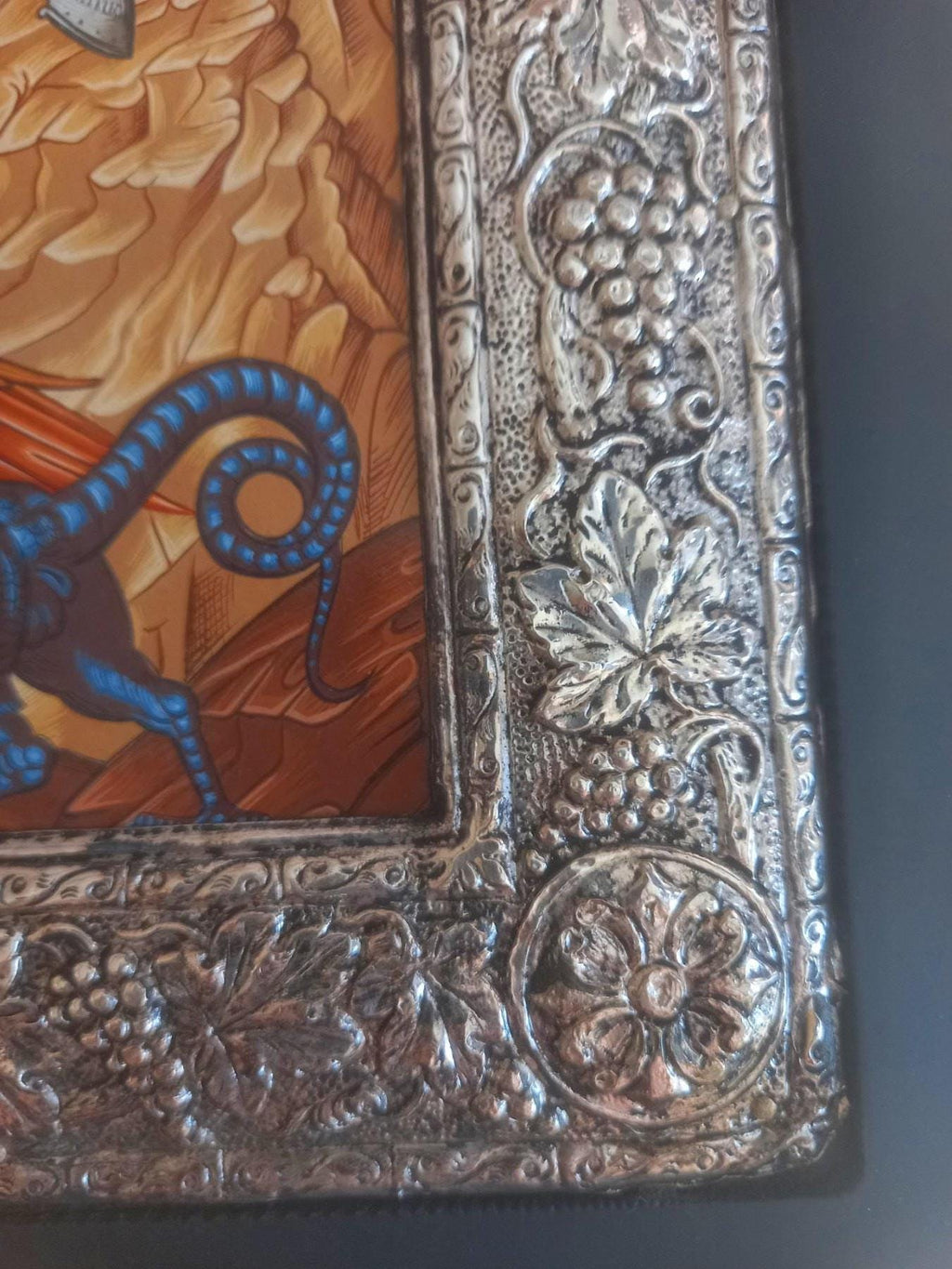 Old Saint George Icon Silver 950 Frame Dragon Greek Orthodox Wall Art Gold Sheets Background