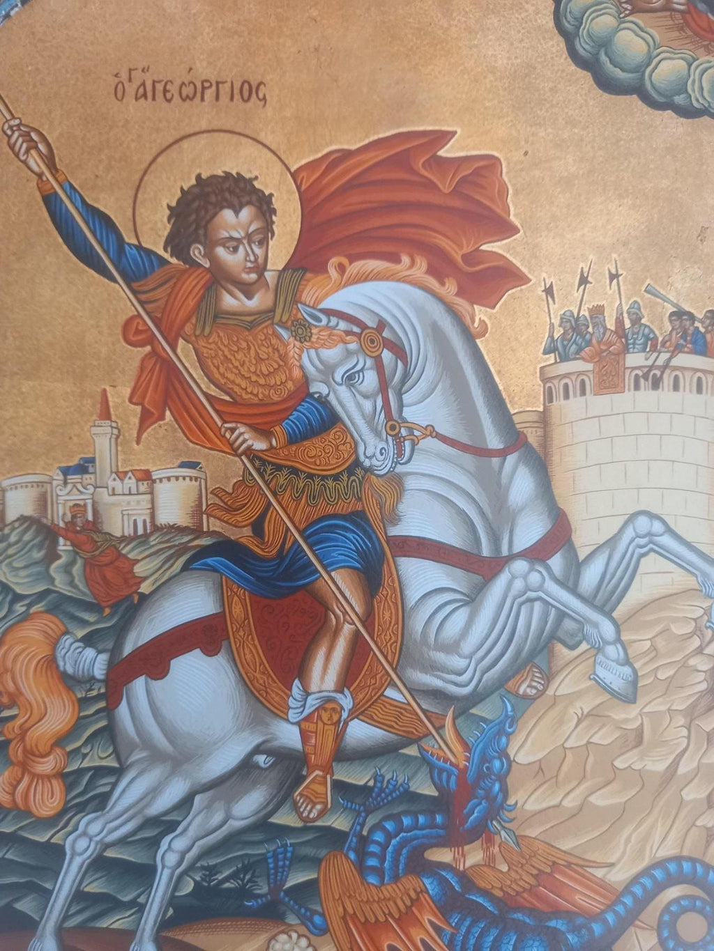 Old Saint George Icon Silver 950 Frame Dragon Greek Orthodox Wall Art Gold Sheets Background