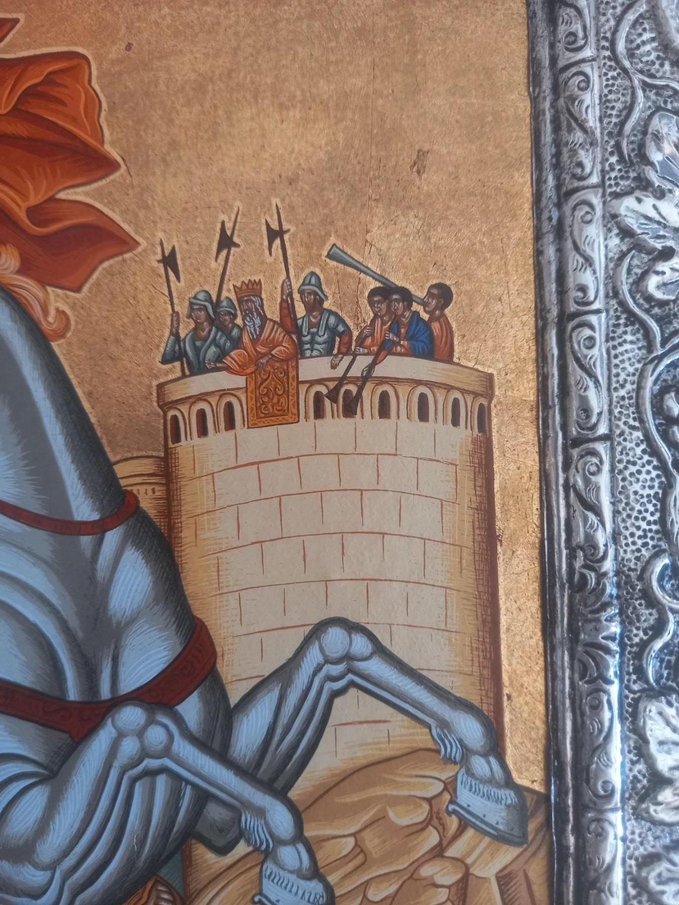 Old Saint George Icon Silver 950 Frame Dragon Greek Orthodox Wall Art Gold Sheets Background