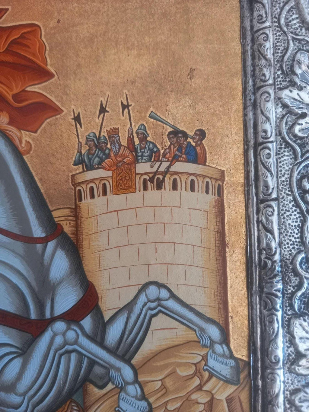 Old Saint George Icon Silver 950 Frame Dragon Greek Orthodox Wall Art Gold Sheets Background