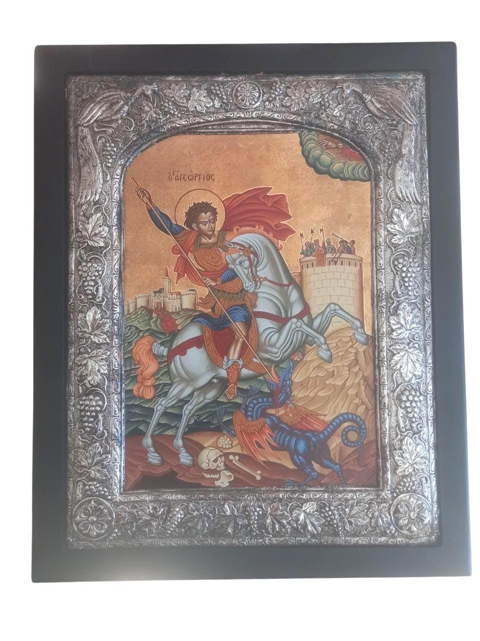 Old Saint George Icon Silver 950 Frame Dragon Greek Orthodox Wall Art Gold Sheets Background