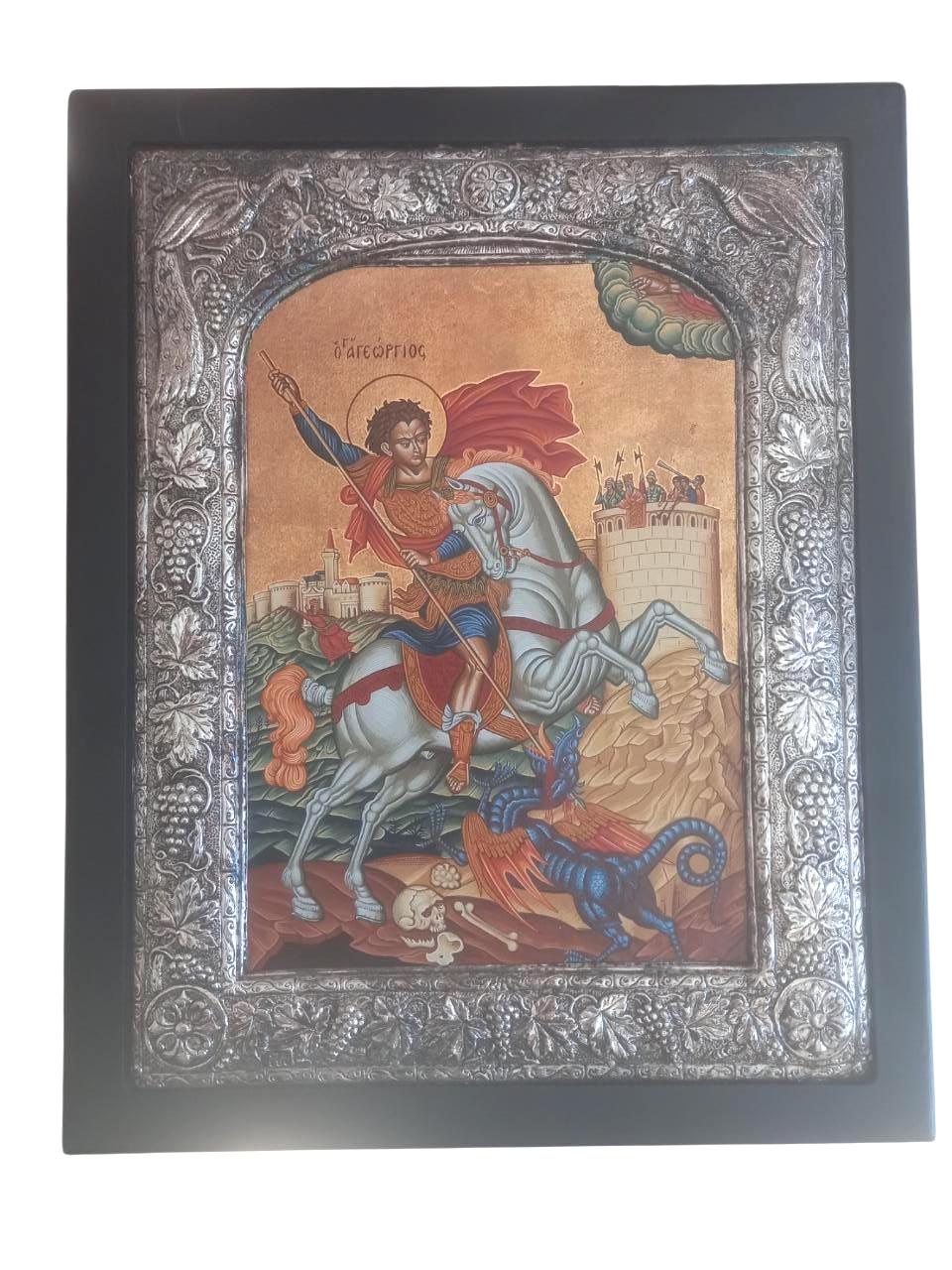 Old Saint George Icon Silver 950 Frame Dragon Greek Orthodox Wall Art Gold Sheets Background