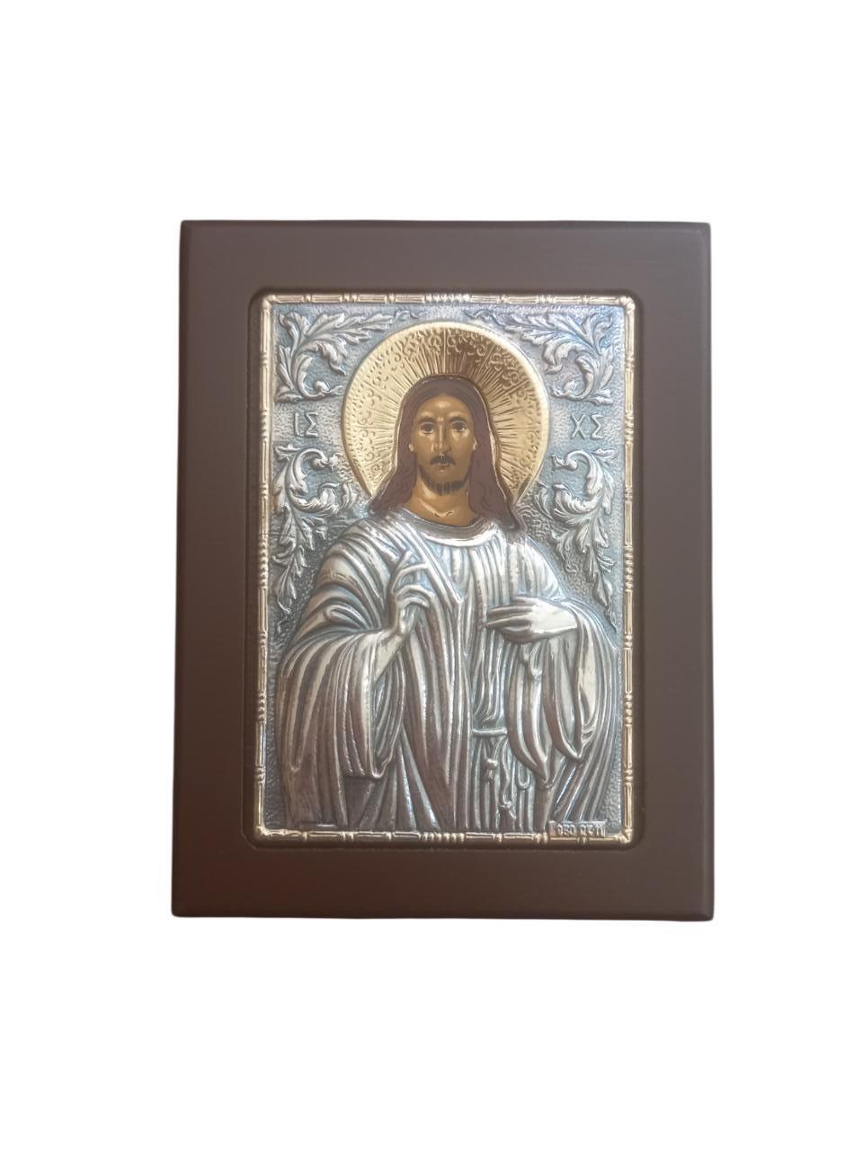 Jesus Christ Icon Silver 925 Gold Plated Orthodox Wall Art Engraved Wood Frame