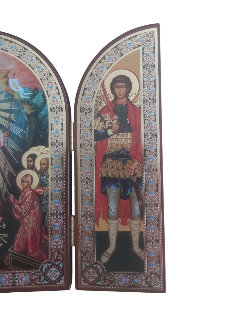 Greek Orthodox Triptych Icon Resurrection of Jesus Christ Archangel Michael Gabriel Folding Travel Icon Wood Gilded Print 23x16cm 9x6.3 inch